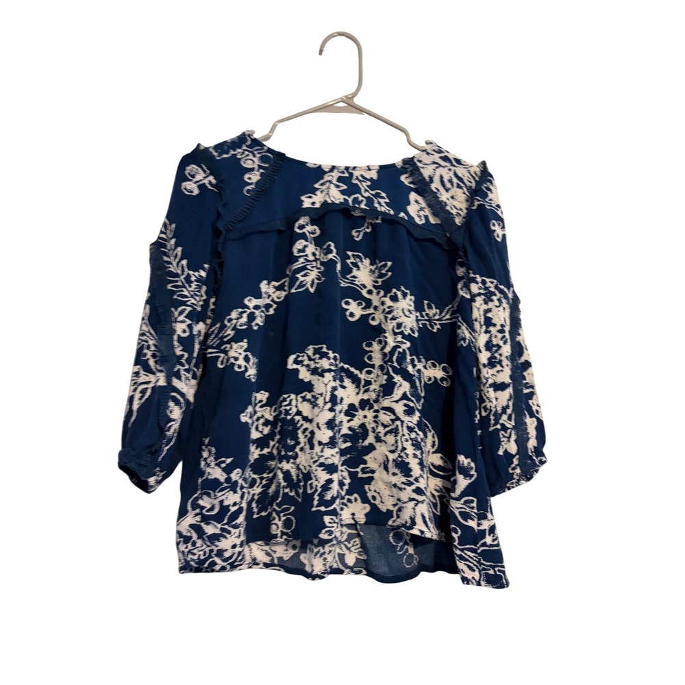 Vintage America Blues Blouse Womens Small Navy Blue Floral Ruffle 3/4‎ Sleeve